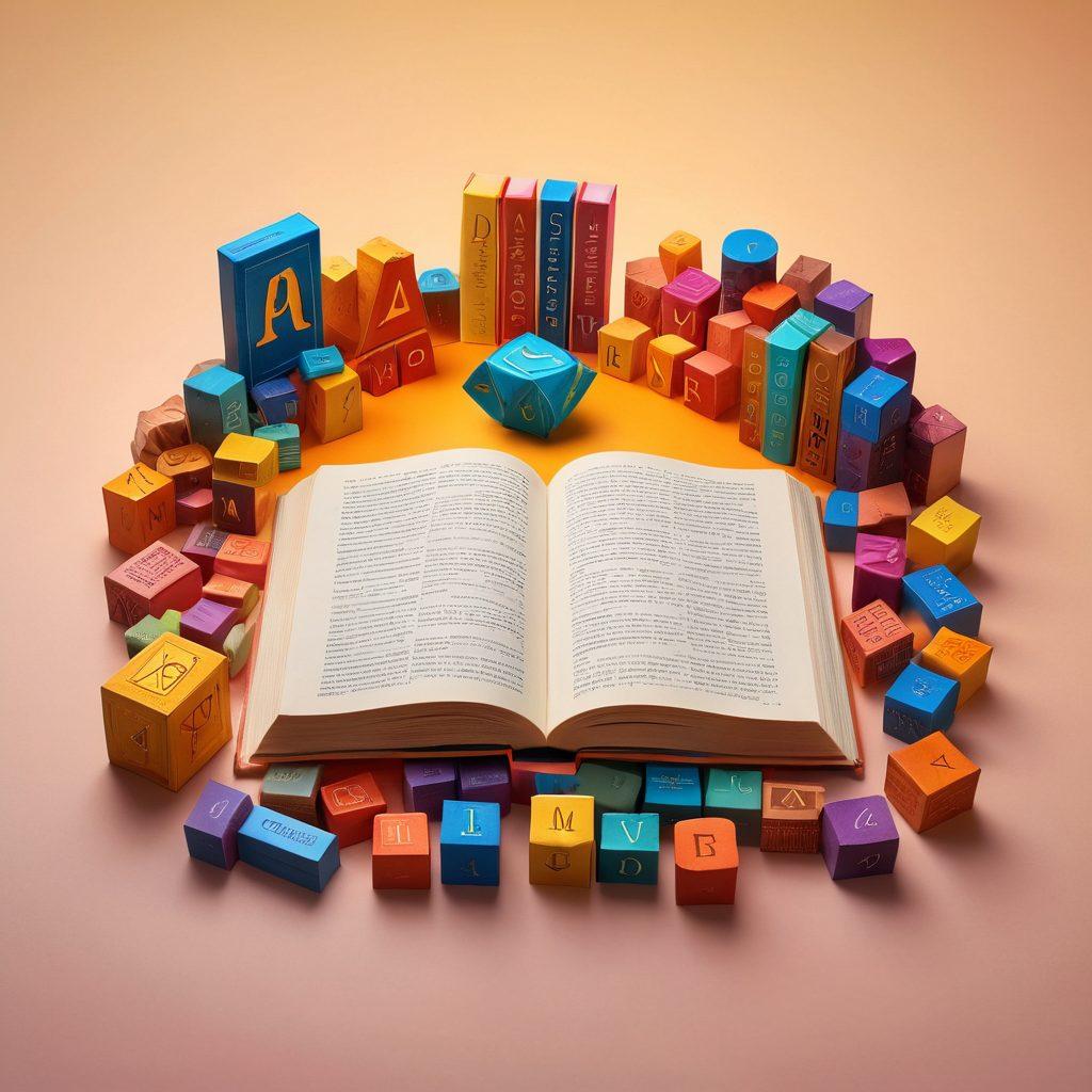 A captivating still life arrangement featuring an open book with vibrant pages, surrounded by colorful alphabet blocks and language tools like a dictionary and thesaurus, all set against a soft gradient background. A glowing light emanates from the book's pages symbolizing knowledge and language unlocking potential. super-realistic. vibrant colors. soft gradient background.