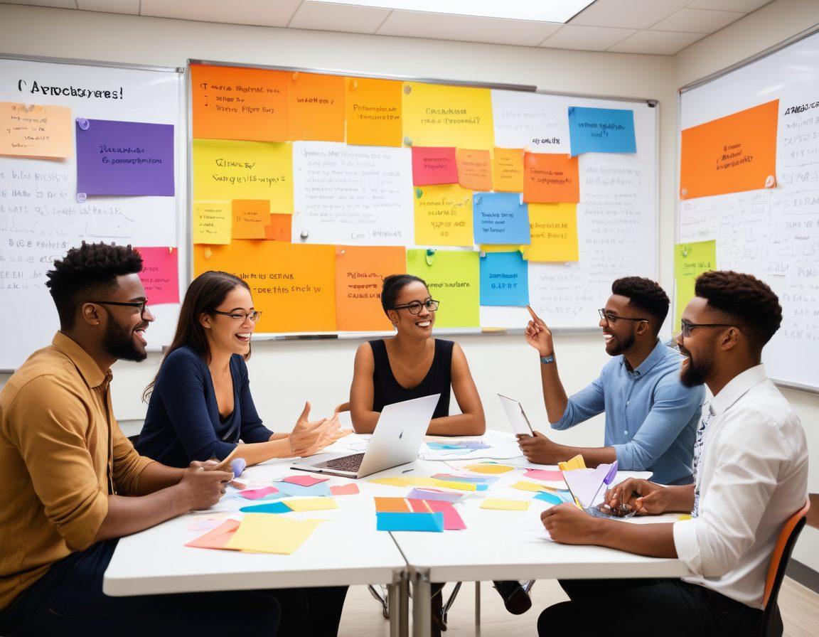 A diverse group of people engaged in a dynamic communication workshop, using tools like whiteboards, laptops, and speech bubbles filled with words like 'clarity', 'empathy', and 'confidence'. The backdrop shows a bright and contemporary classroom setting, with inspirational quotes on the walls about effective expression. The individuals display various expressions of excitement and engagement, highlighting the essence of communication skills. vibrant colors. super-realistic.