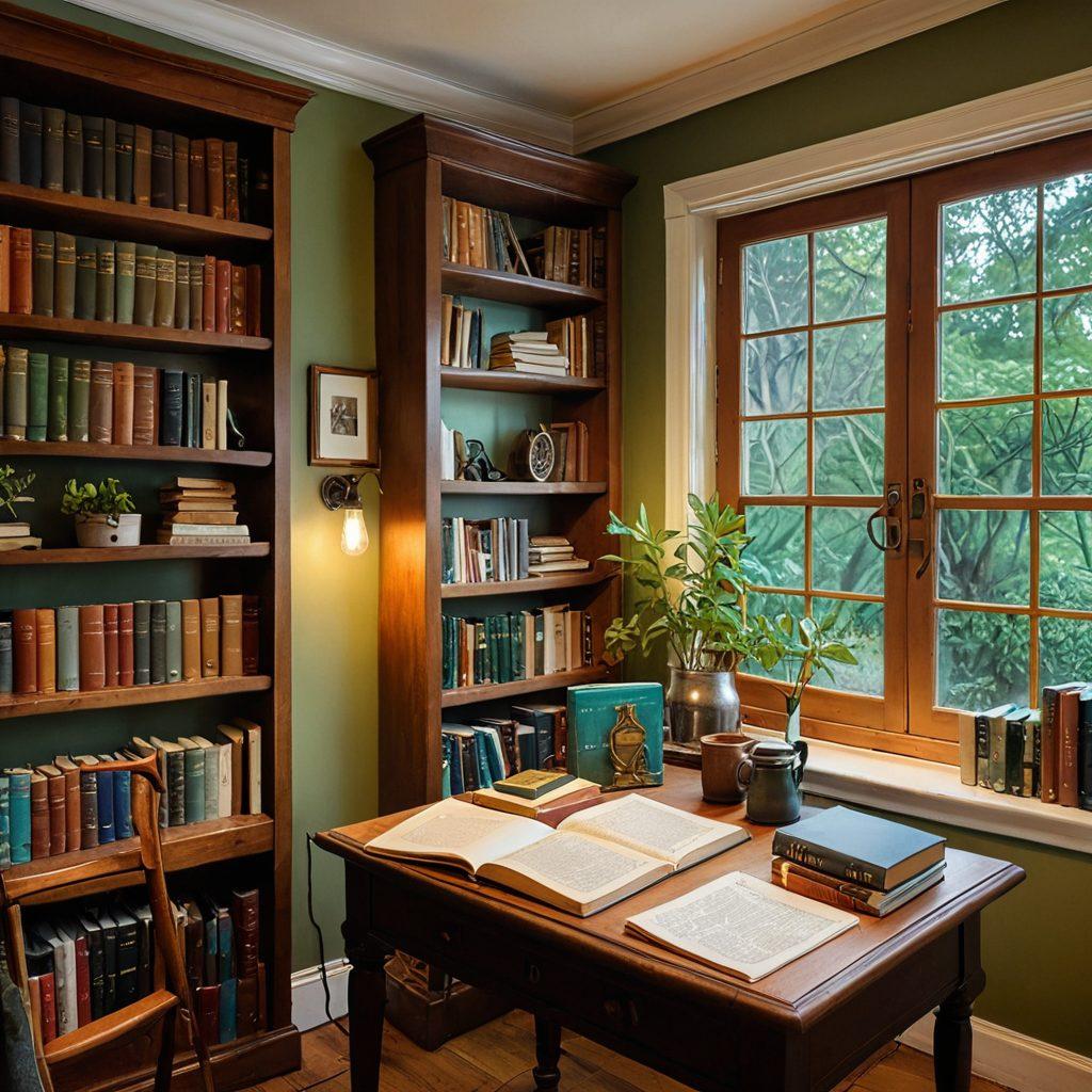 A cozy study filled with an eclectic mix of old and new language resources: vintage wordbooks, modern thesauruses, and colorful language flashcards scattered on a wooden desk. A cup of steaming tea sits near an open notebook, while bookshelves lined with hardcover dictionaries tower in the background. Soft, warm lighting creates an inviting atmosphere, and a small window reveals a glimpse of a lush green garden outside. super-realistic. warm colors. cozy ambiance.